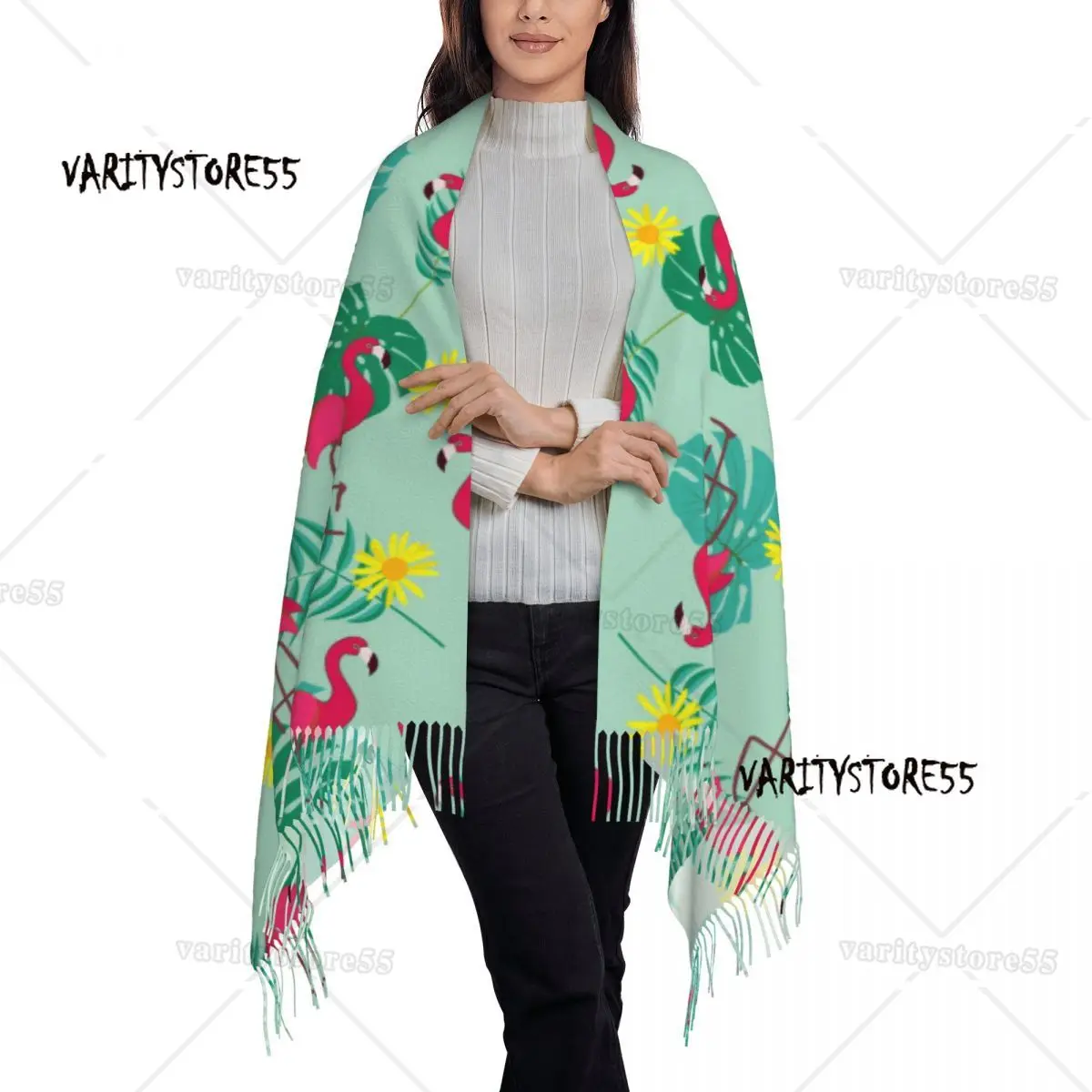 Personalized Printed Cute Retro Flamingo Pattern Background Illustration Long Pile Fringe Men Scarf Women'S Anti Chill Scarf