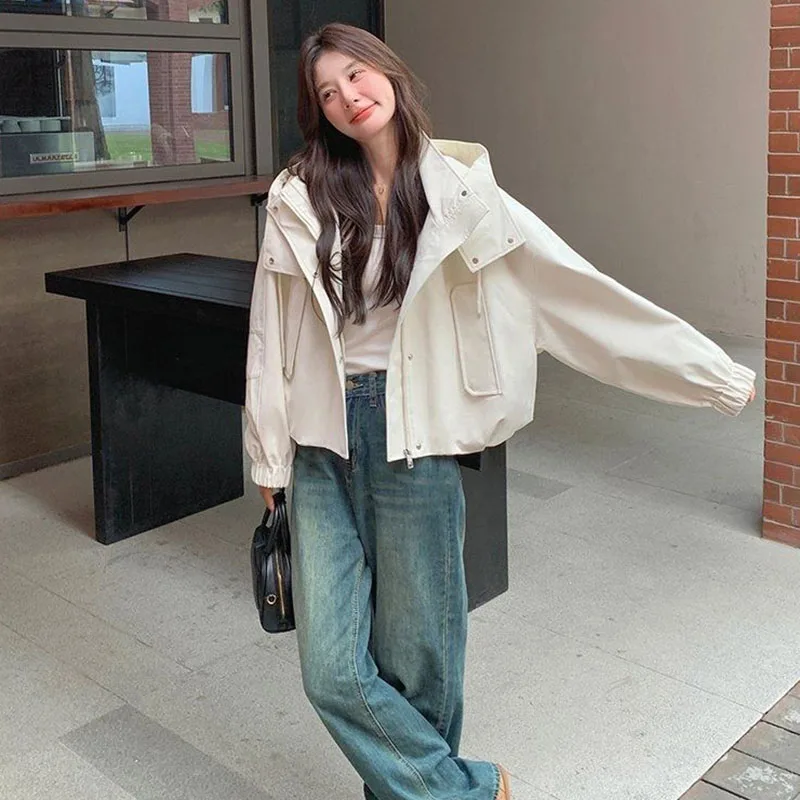 Fashion Tooling Hooded Jackets Women Autumn 2026 New Casual Loose Zip-Up Short Coat Lady Simple All-Match Stand Collar Outerwear