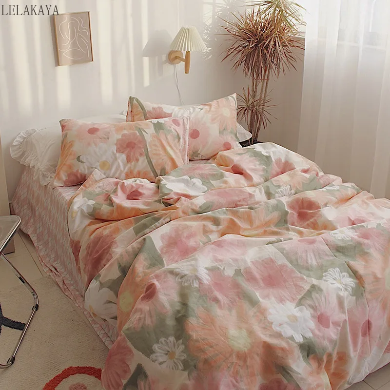 

Korean Style Romantic Flowers Printing Bed Sheet Pillowcase Pure Cotton Duvet Cover Full Queen Size Bedding Set Gifts for Girls