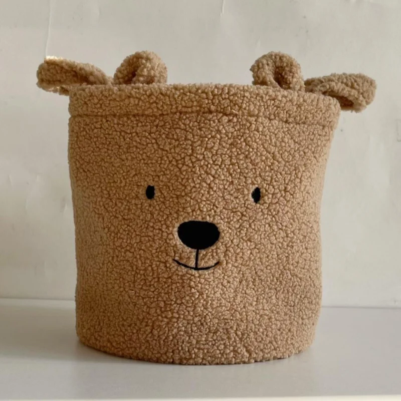 Cesta de armazenamento personalizada com cabeça de urso bordada, cabelo de cordeiro, brinquedo, lanche, armazenamento de roupas, cesta de roupas sujas