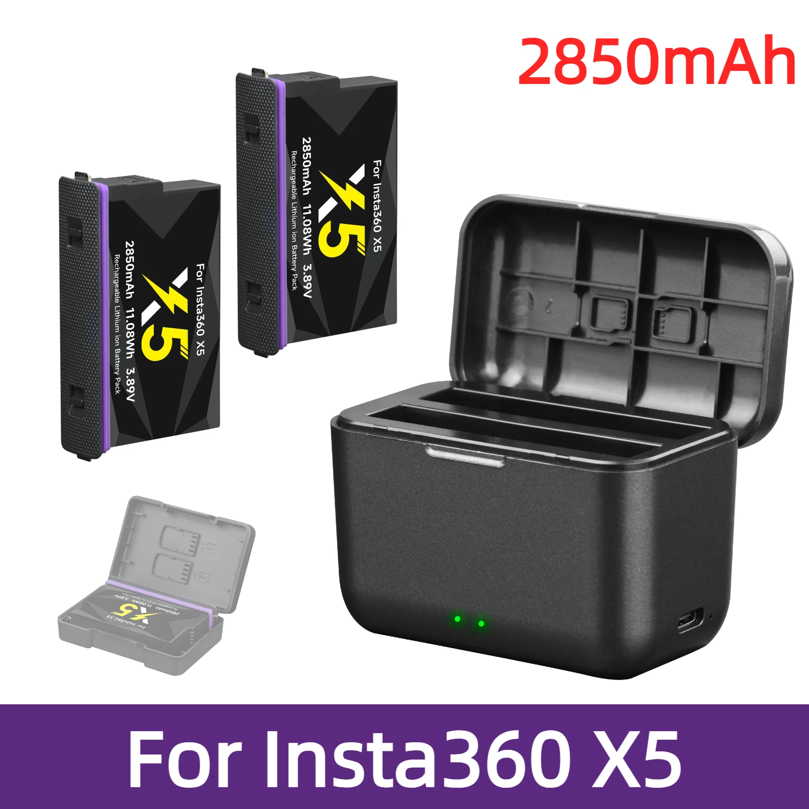 Batteria da 2850 mAh per fotocamera Insta360 X5, con custodia di ricarica rapida intelligente a LED a 2 alloggiamenti, accessori per fotocamera d'azione Insta 360 X5, batteria per 360X5.