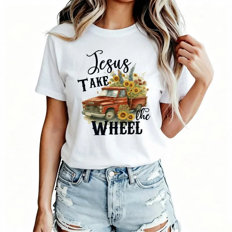 Truck Sunflower 2D Print Women's T-Shirt 100% Cotton Funny Graphic Short Sleeve Tee Novelty Shirt Casual Crew Neck Top S-5Xl