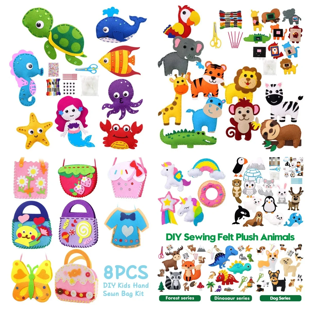 Animals Sewing Kit Woodland/Polar Animals Craft Kit Ocean Animals Mermaid DIY Felt Craft Kit Sewing Felt Toy for Kids Aged 3-12