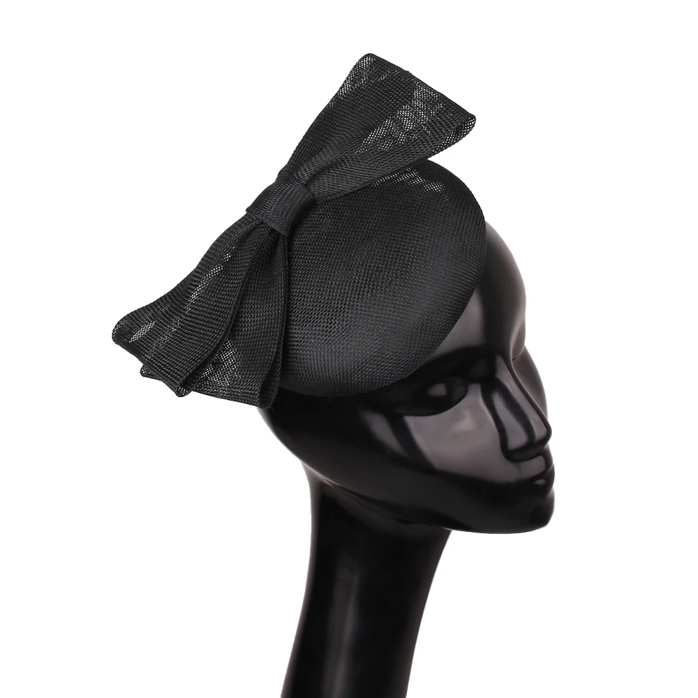 

Black Imitation Sinamay Wedding Headwear elegant Women Fascinator Hat With Bow Hair Accessories Cocktail Race Headpiece Hairpin