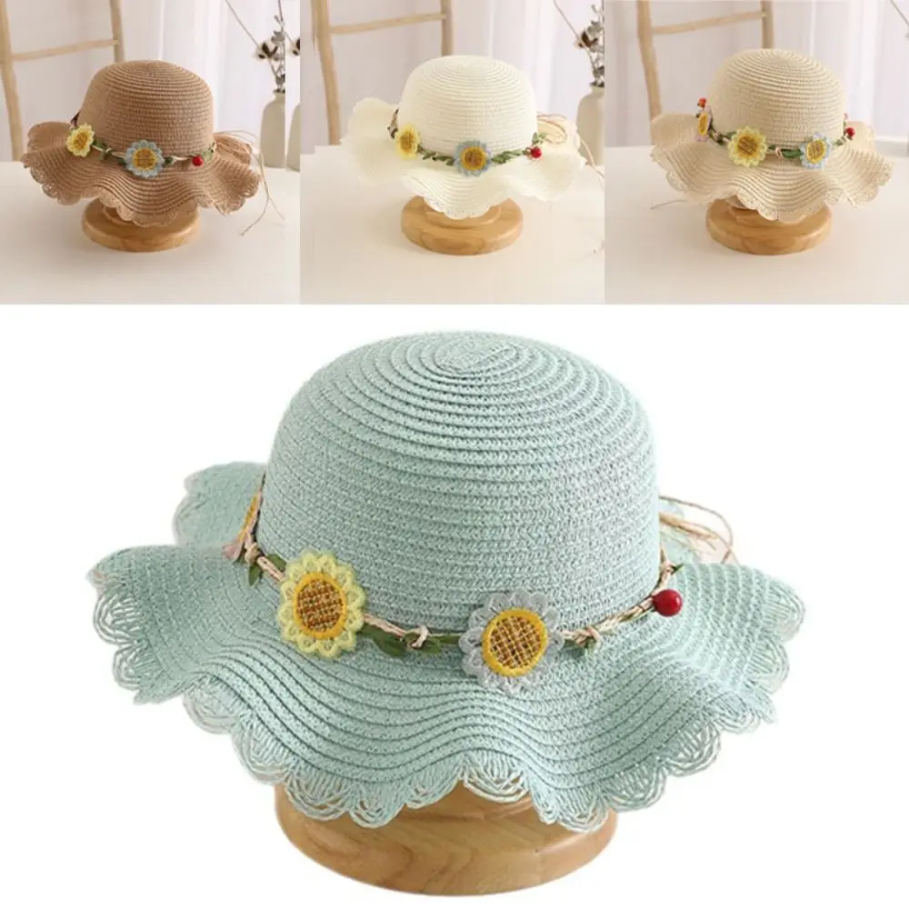 

New Sunflowers Ribbon Bucket Hat Straw Breathable Panama Hat Sunscreen Visor Hat Girls
