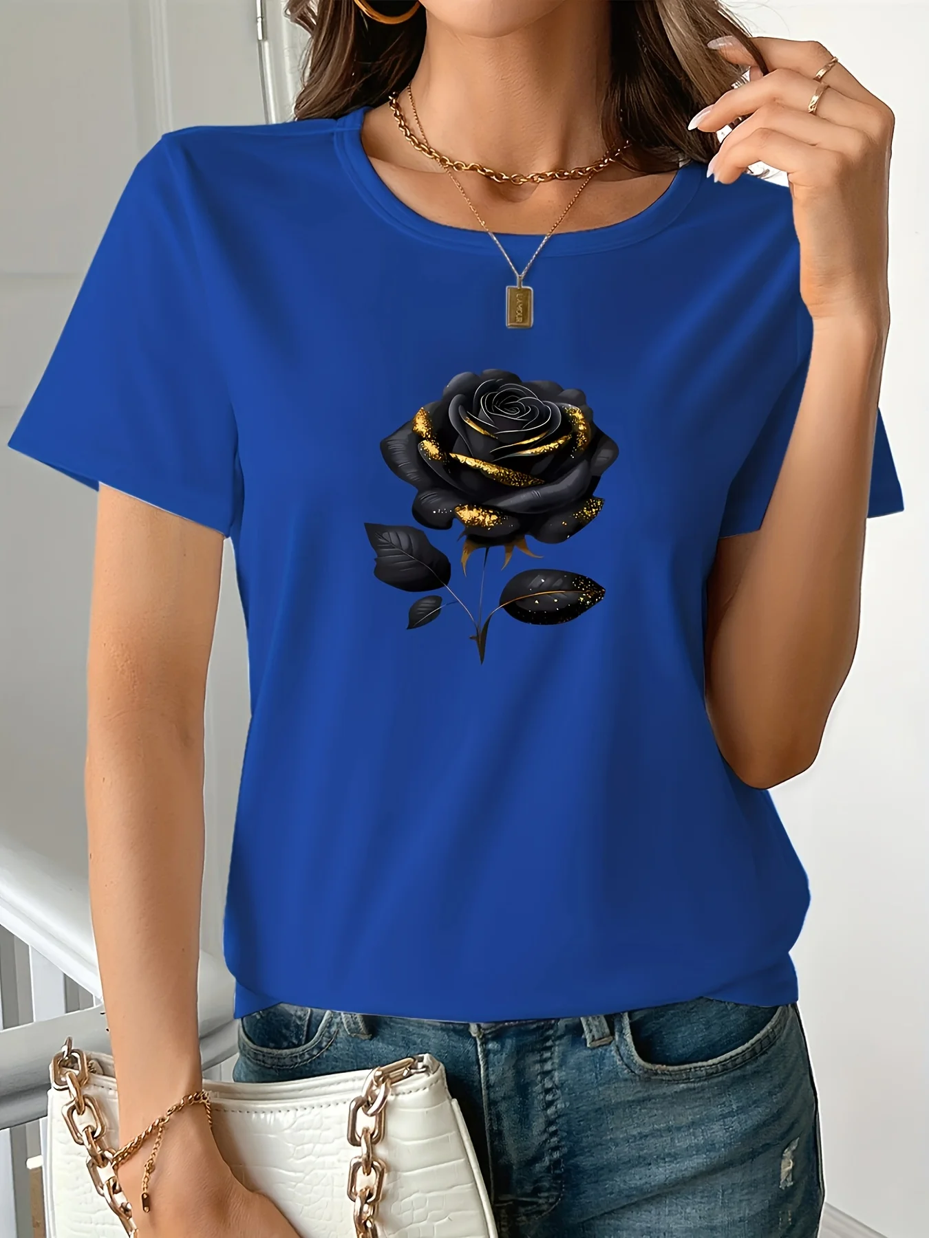 Women's Plus Size Oversized Black T-Shirt with Elegant Rose Print Fashion Harajuku Kawaii T-shirt Women's Y2K Clothing view 2