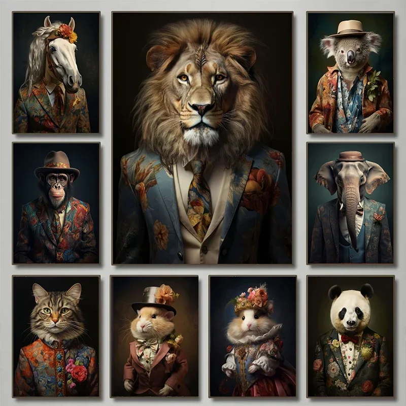 （2D Canvas painting） Animal in Boho Suit Poster Lion Elephant Chimpanzee Pictures Modern Wall Art Canvas Paintings for Living