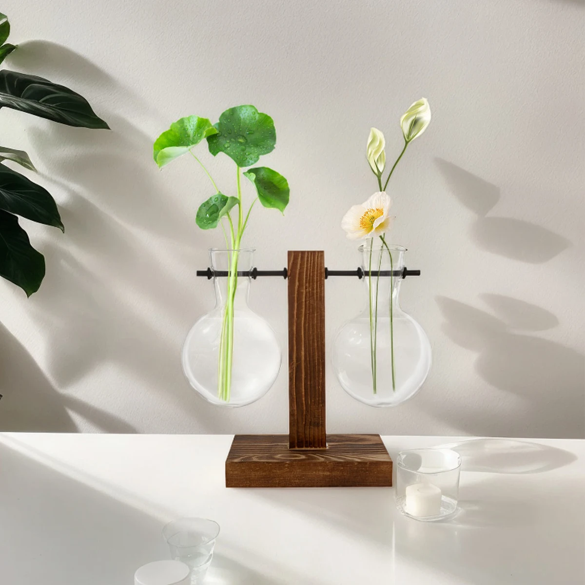1 Stück, einfache Vase mit Holzrahmen, verziert mit transparentem Glasmaterial, geeignet für Pothos, Grünpflanzen und frische Blumen