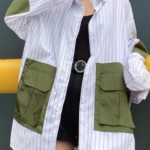 TPJB 여성용 긴 소매 스트라이프 패치워크 백, 루즈 라지 사이즈 셔츠, 패션 사파리 스타일 블라우스, 여름, 가을, 신상 