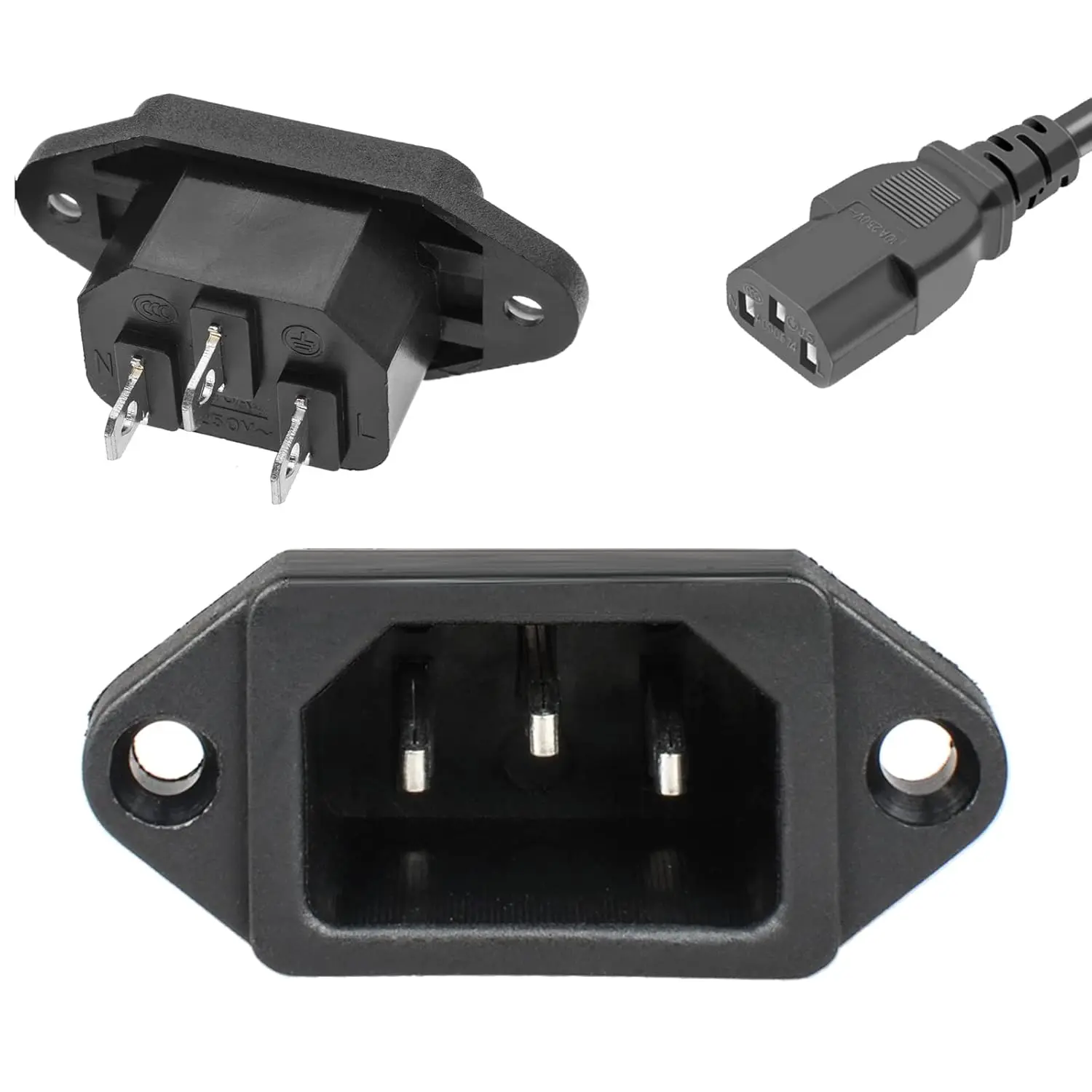 

3 Pack IEC320 C14 Inlet Power Plug Socket, AC 250V 10A Screw Mount for PC, Monitor, TV