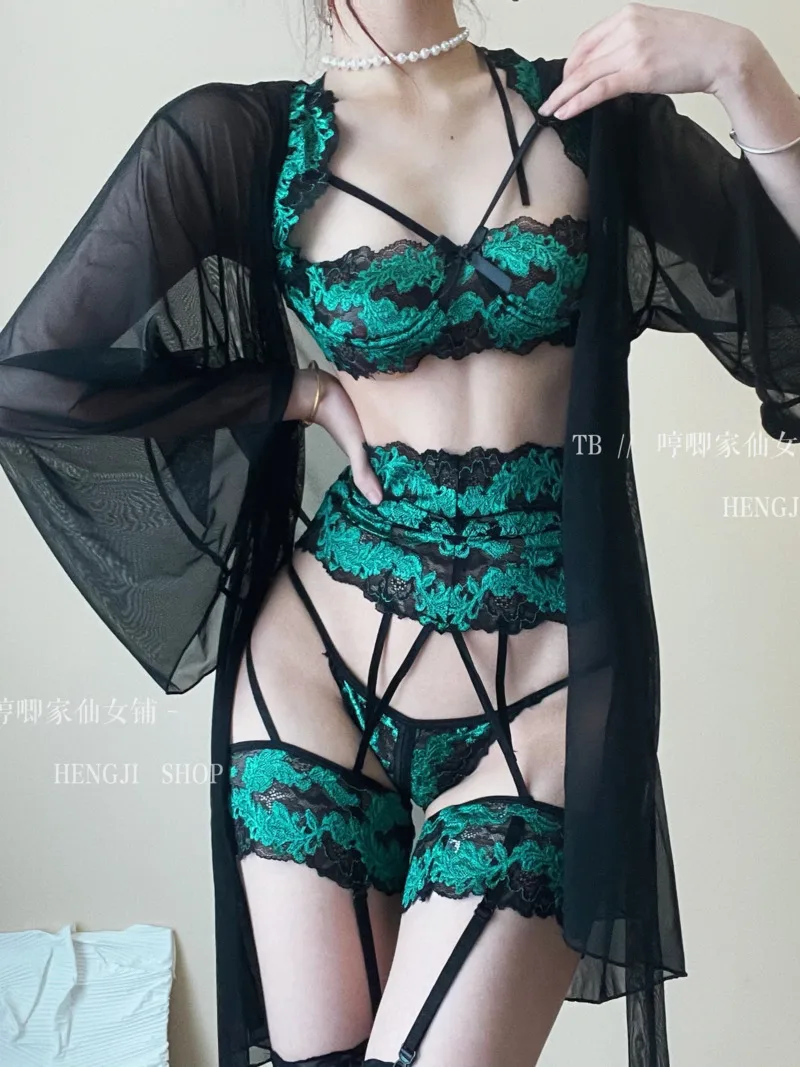 Hot New Sexy And Fun Underwear Lace Seduction Set Ransparent Women\'s Green Embroidery Bra Summer Thin Mold Cup 8O4X