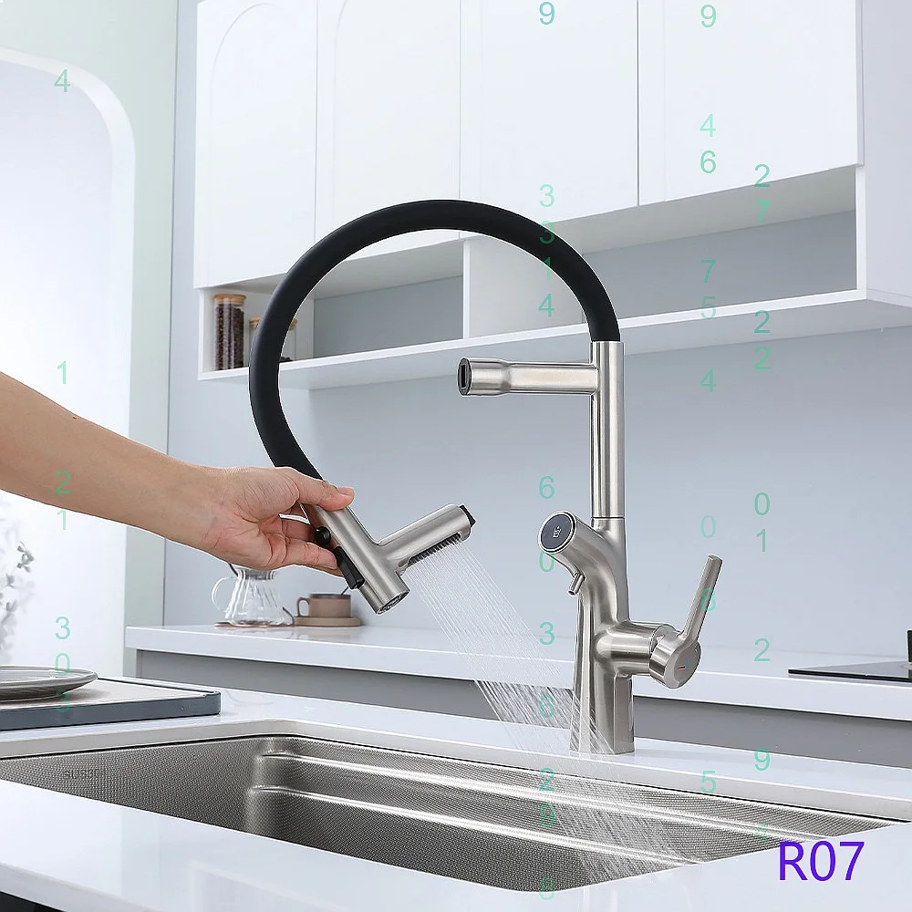 Brushed Multifunctional Kitchen Faucet Hot Cold Water Purifying Pull-out Swivel