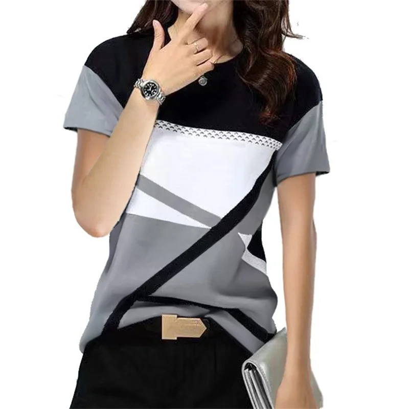 

Elegant Geometric Print Color Block Top Women 2023 Summer Daily Casual O Neck Pullover T-Shirt Short Sleeves Tees Female Basic