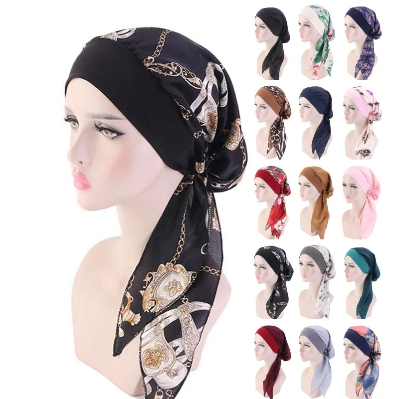 Muslim Women Headwear Pre-tie Turbans Imitation Silk Head Scarf With Wide Band Printed Sleeping Hat Hijab Bonnet Hair Cover