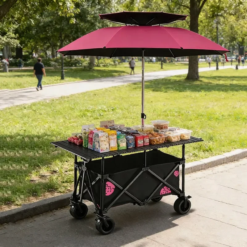 Brown Foldable Metal Frame Camping Wagon 150kg Load Capacity Portable Four Wheel Outdoor Storage Cart for Picnic Beach Trip