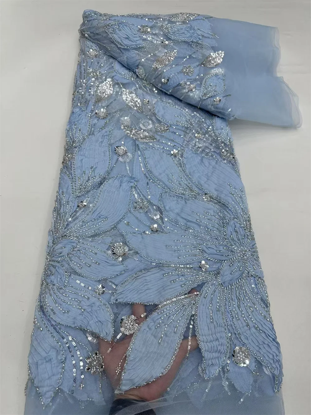 

Sky Blue Luxury African Sequins Groom Lace Fabric 2025 High Quality French Nigerian Beaded Lace Fabric For Wedding Dress A1259-1