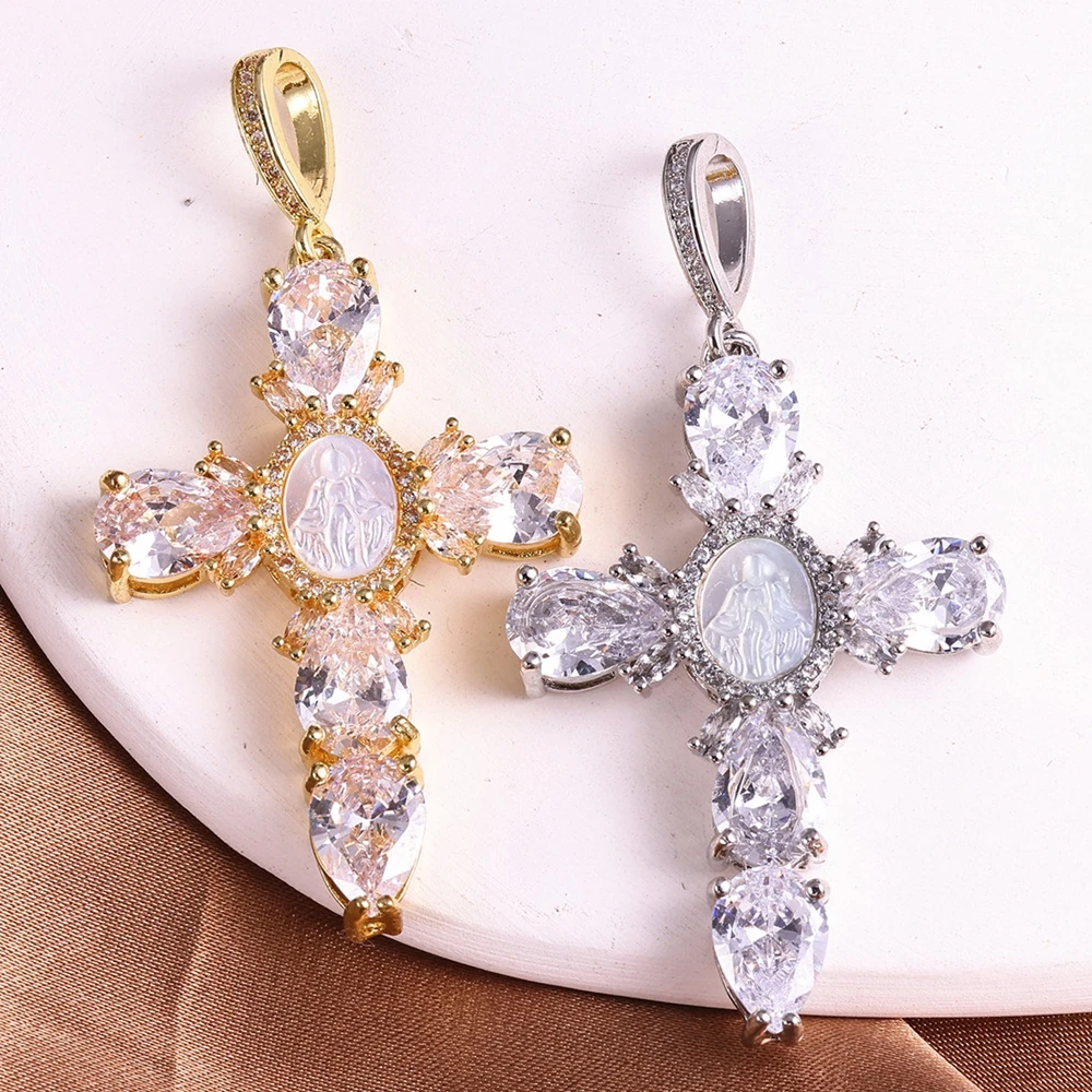 Juya 18K vergoldete kubische Zirkonia-Kreuzanhänger in großer Größe für orthodoxe katholische christliche DIY-Schmuckherstellung und religiöse Talismane – Detail 8