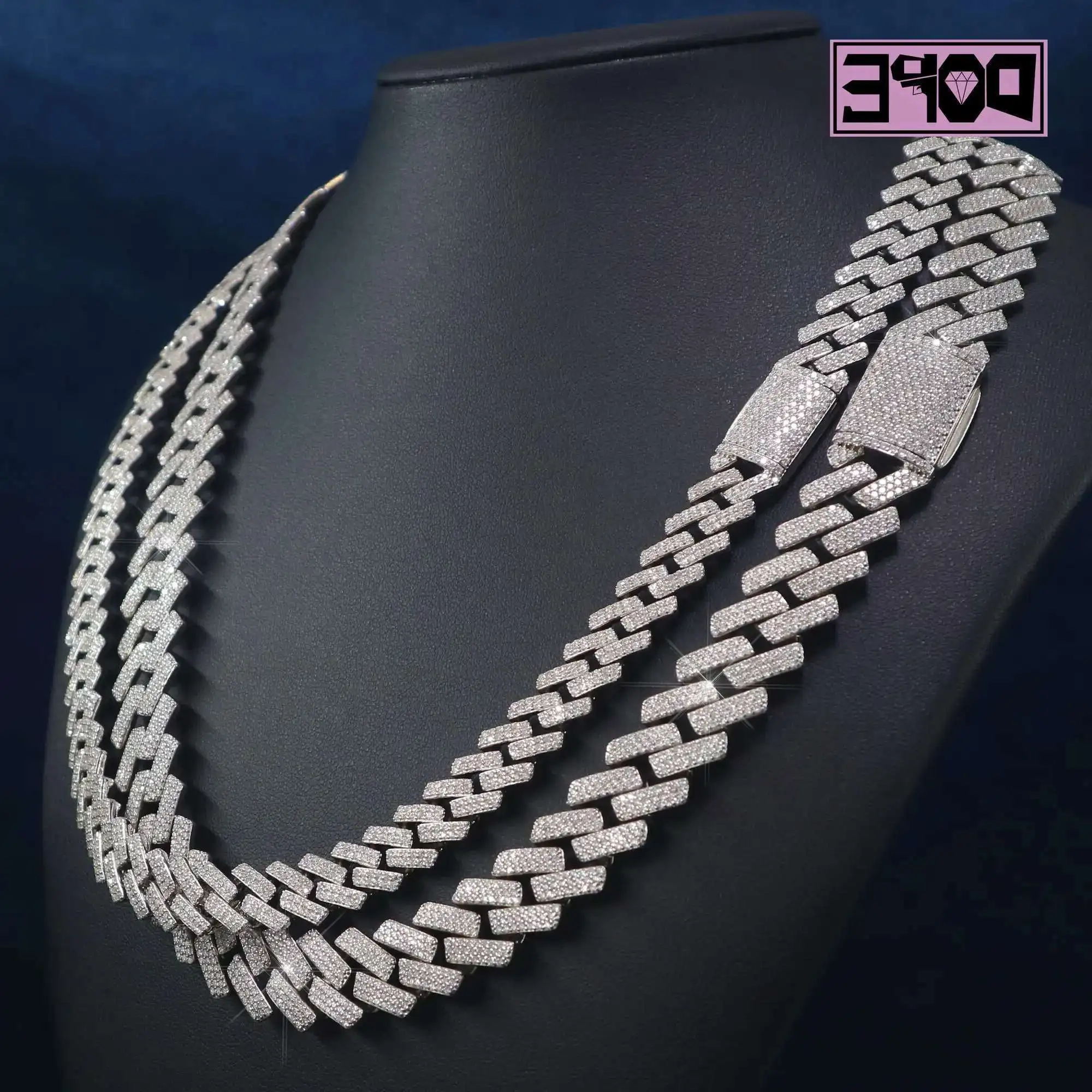 

12mm Cuban Chain Necklace 925 Sterling Silver Straight Edge Iced Out Hiphop Moissanite Cuban Chain