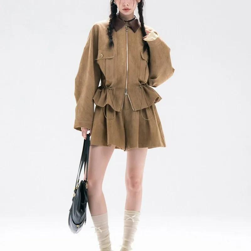 

Early Spring 2025 Oak Hazelnut Bat Sleeve Cinched Waist Silhouette Jacket Set Retro Commuter Two-piece High-end Women's Clothing