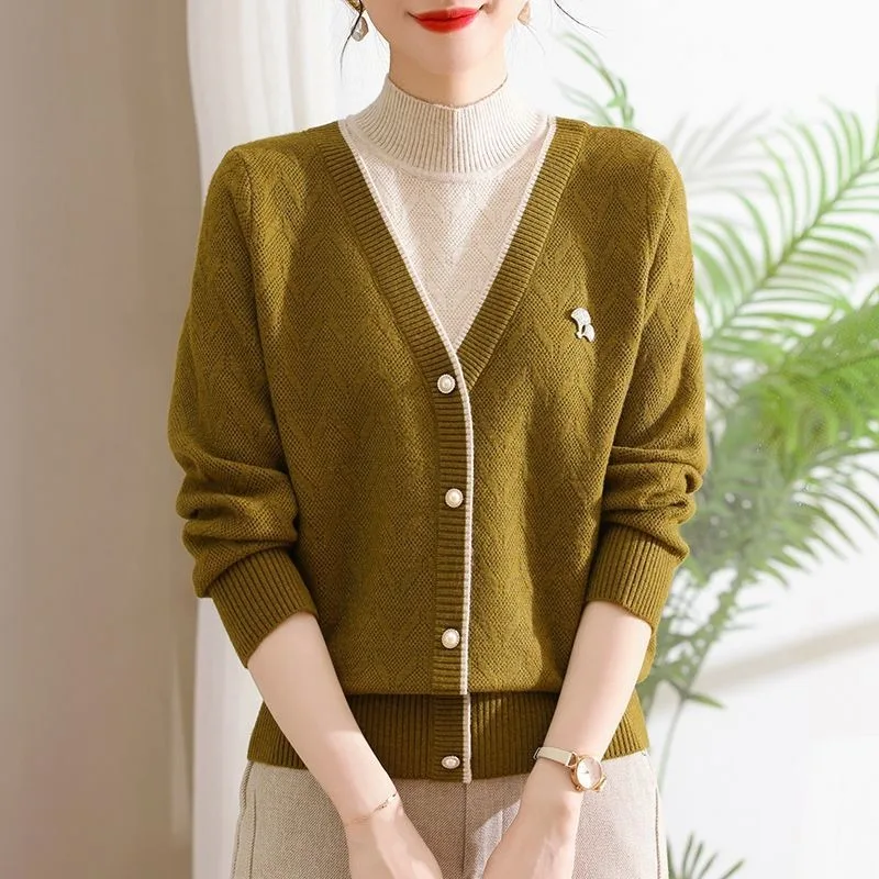 

Свитер для женщин, осенняя полуводолазка на пуговицах, модная интегрированная бархатная основа, искусственный вязаный топ из двух частей с длинными рукавами