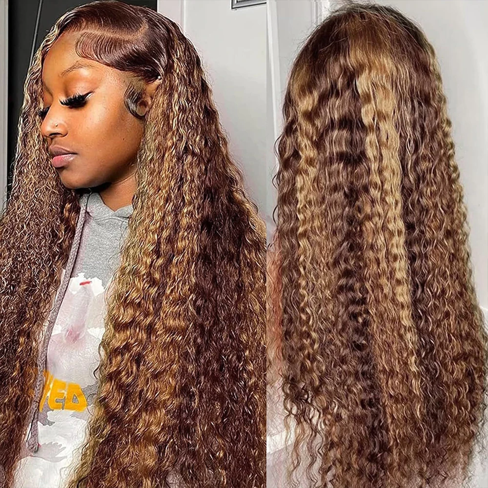 Peruca de cabelo humano encaracolado profundo Glueless, HD Lace Frontal Wig, Honey Blonde Destaque Encerramento Peruca, 13x4 Lace Front Perucas, 4x4