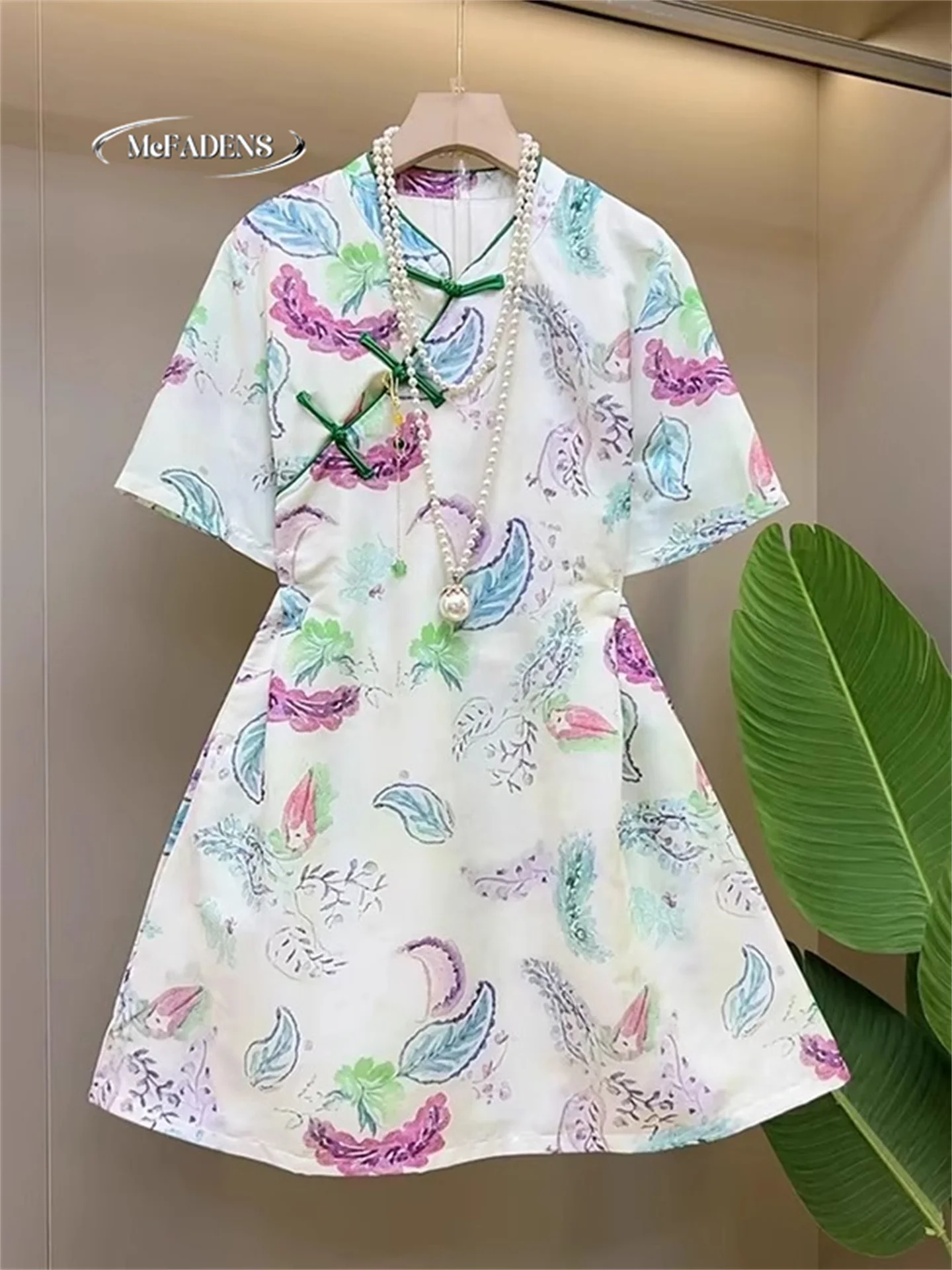 

New Summer plus Size Women's Dress Chinese Style Retro Button Design National Trend High Waist A-Line Skirt Short Sleeve