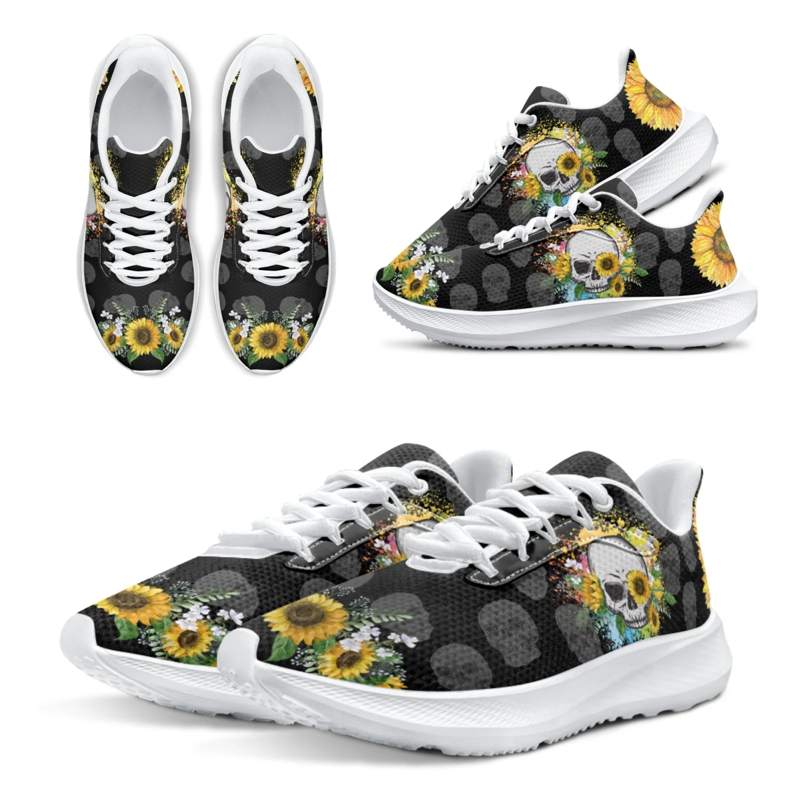 INSTANTARTS Day Of The Dead Skeleton Women's Running Shoes Sunflower Flower Skull Print Shoes Gym Indoor Sneakers Zapatos Mujer