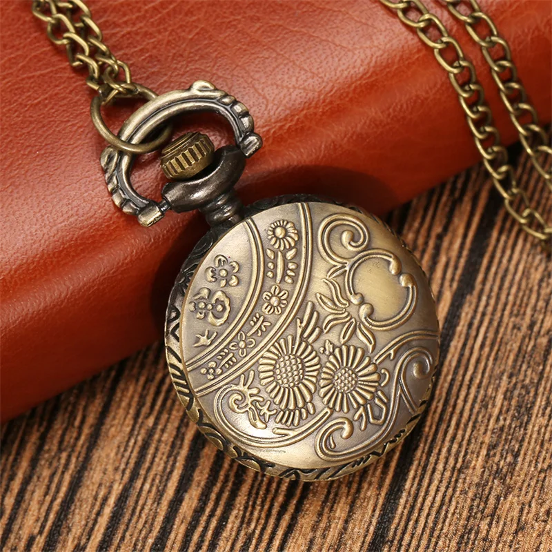 Vintage Floral Pocket Watch Hollow Out Flower Small Size Quartz Watches Long Necklace Chain Arabic Number Clock Gift for Women