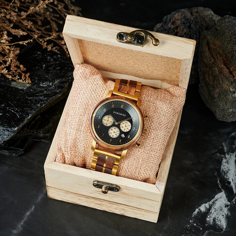 Orologio da uomo in legno di lusso BOBO BIRD Movimento giapponese Nome personalizzato Cassa posteriore Testo Orologio da polso al quarzo Orologio cronografo dorato