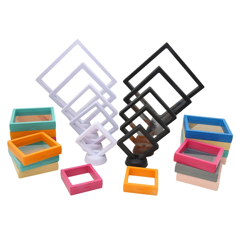 PE Film Colorful Jewelry Storage Box 3D Packaging Case Gemstone Free Stand Floating Frame Membrane Ring Earring Necklace Display