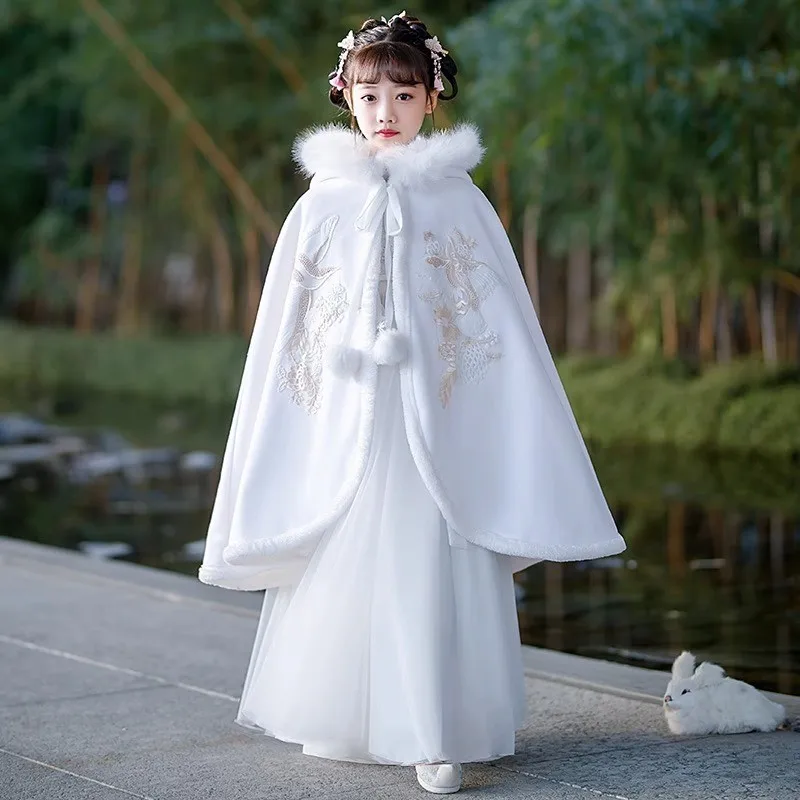 Winter Warm Thick Hanfu Cloak Girls Chinese Traditional Embroidery Velvet Cape Cloak Kids Cosplay Costume Hanfu Red For Children