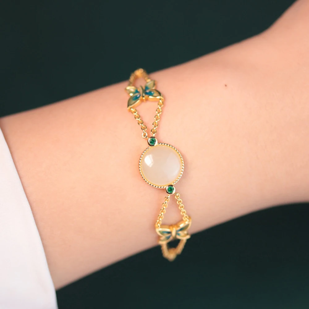 

2024 New S925 Silver Plated 18K Gold Inlaid Jade Bracelet Women Chinese Colorful Handmade Gift Adjustable 16cm+5cm