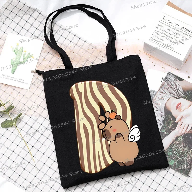 Tote Bag with Cartoon Capybara Alphabet A-Z Reusable Leisure Handbag Y2K Surname First Letter Shoulder Bag Woemn Shopping Bag