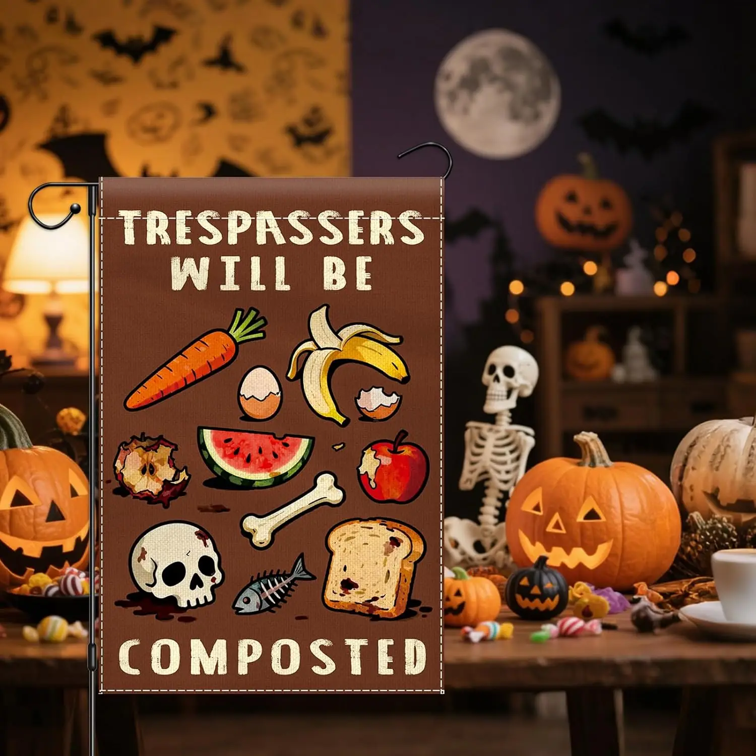 Trespassers Will Be Composted Garden Flag 12x18 Inch Double Sided, Funny Skeleton Halloween Yard Sign for Outside, Vintage R EEZ
