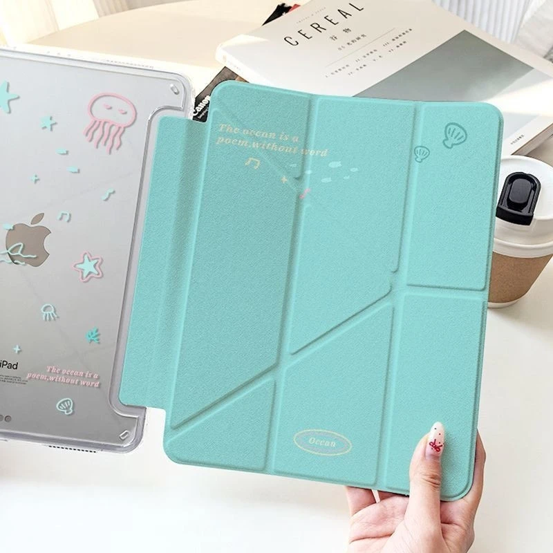Cute Blue Ocean Dolphin Star Y2K Y-Fold Tablet Case For iPad Pro 11 12.9 13 A16 M2 M4 M3 M5 5/6/7/8/9/10/11th Mini Air 3 4 Cover