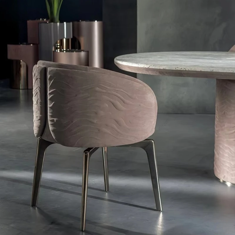 Luxury Beige Fabric Dining Chair Curved Back Ergonomic Thick Padded Seat Family Restaurant Cafe Learning Modern Metal Legs
