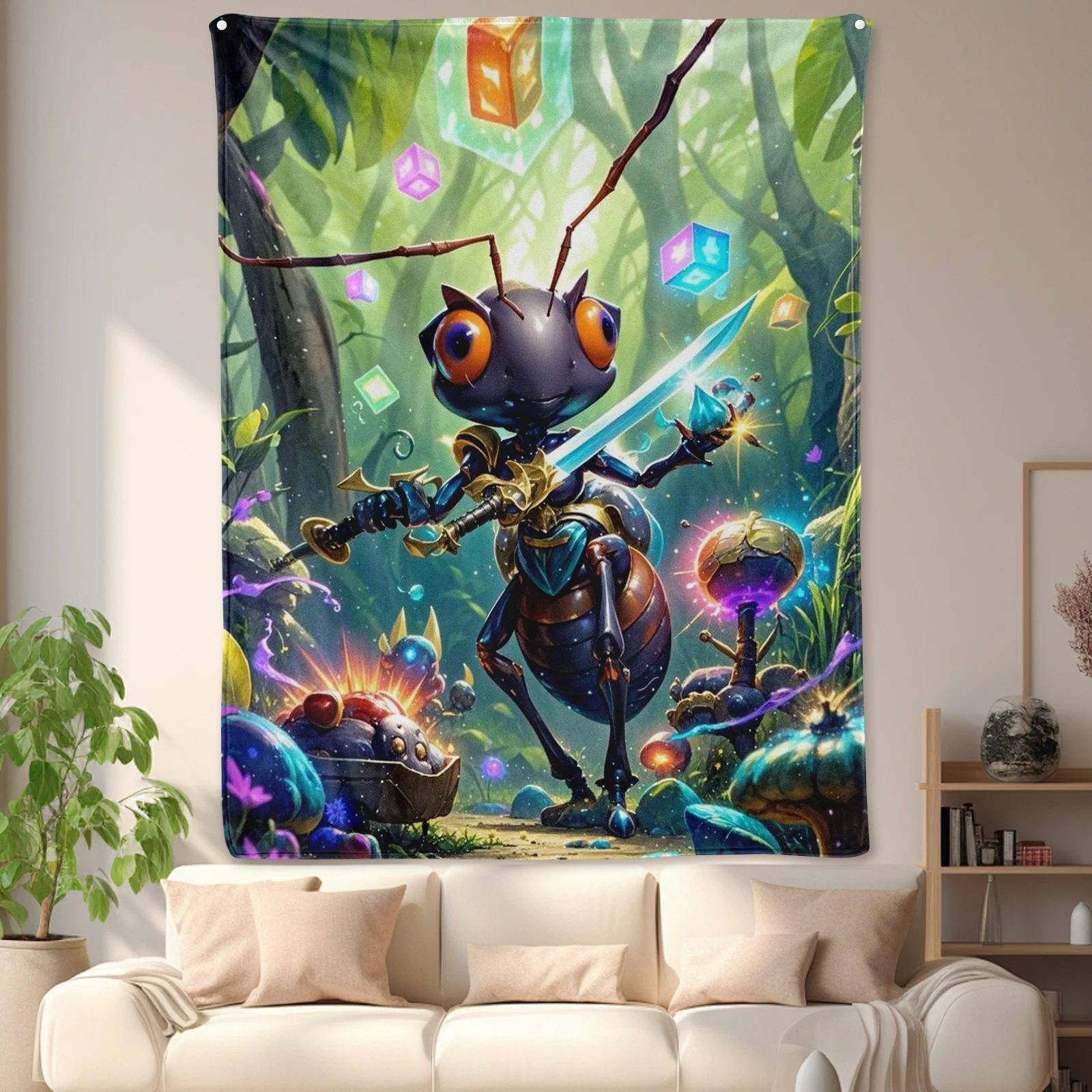 

Муравь, меч, кубические кристаллы, тематическое уютное одеяло с листвами для приключенческого домашнего декора и уникального стиля гостиной