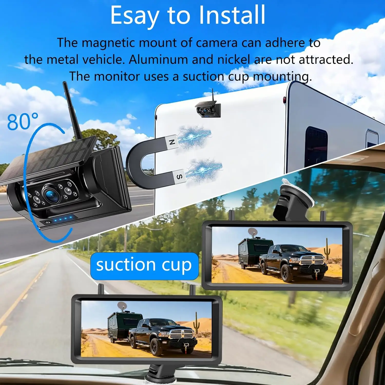 Wireless Backup Camera Magnetic Solar with 7.2