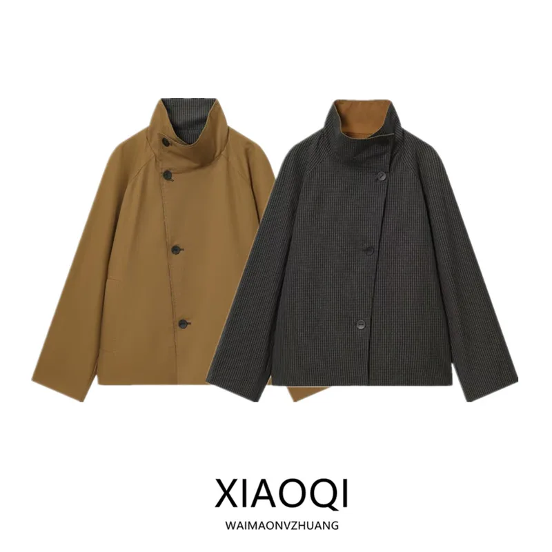 

Double-Sided Wear ort High Collar Autumn New Arrival Women's Jaet Versatile Commute Sle Long Sve Loose Fit Windbreaker