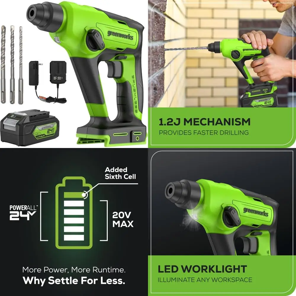 Сверхмощная бесщеточная перфораторная дрель SDS 24 В, удар 1,2 Дж, 1 дюйм для бетона, 2 режима переменной скорости, долговечный Durabili