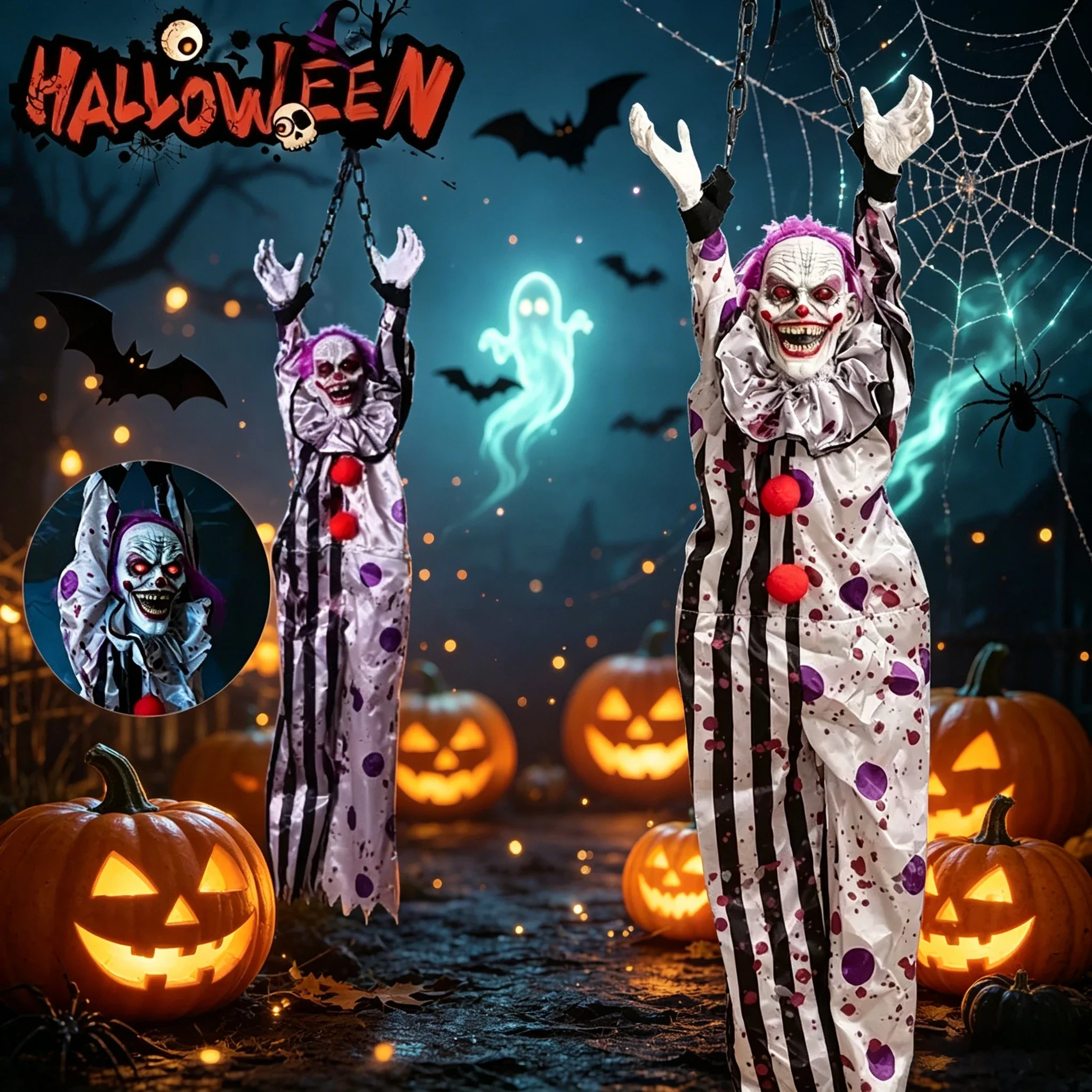 Halloween Scary Clown Voice Activated Light Up Screaming Hanging Ghost Decoration for Haunted House Party Horror Props