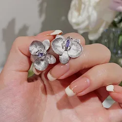 925 silver High quality butterfly orchid flower earrings for women fashion wire drawing purple gem earings stud wedding jewelry