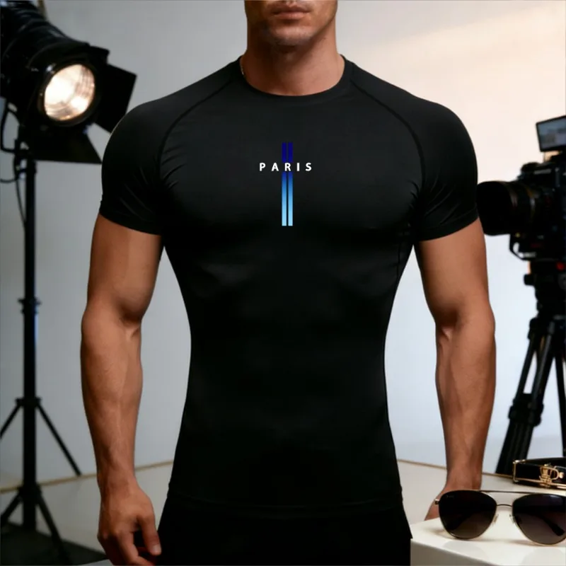 

Компрессионные футболки для мужчин с синим градиентным принтом, быстросохнущие, для фитнеса, спорта, бега, тренировок, пляжа, весенние спортивные топы.