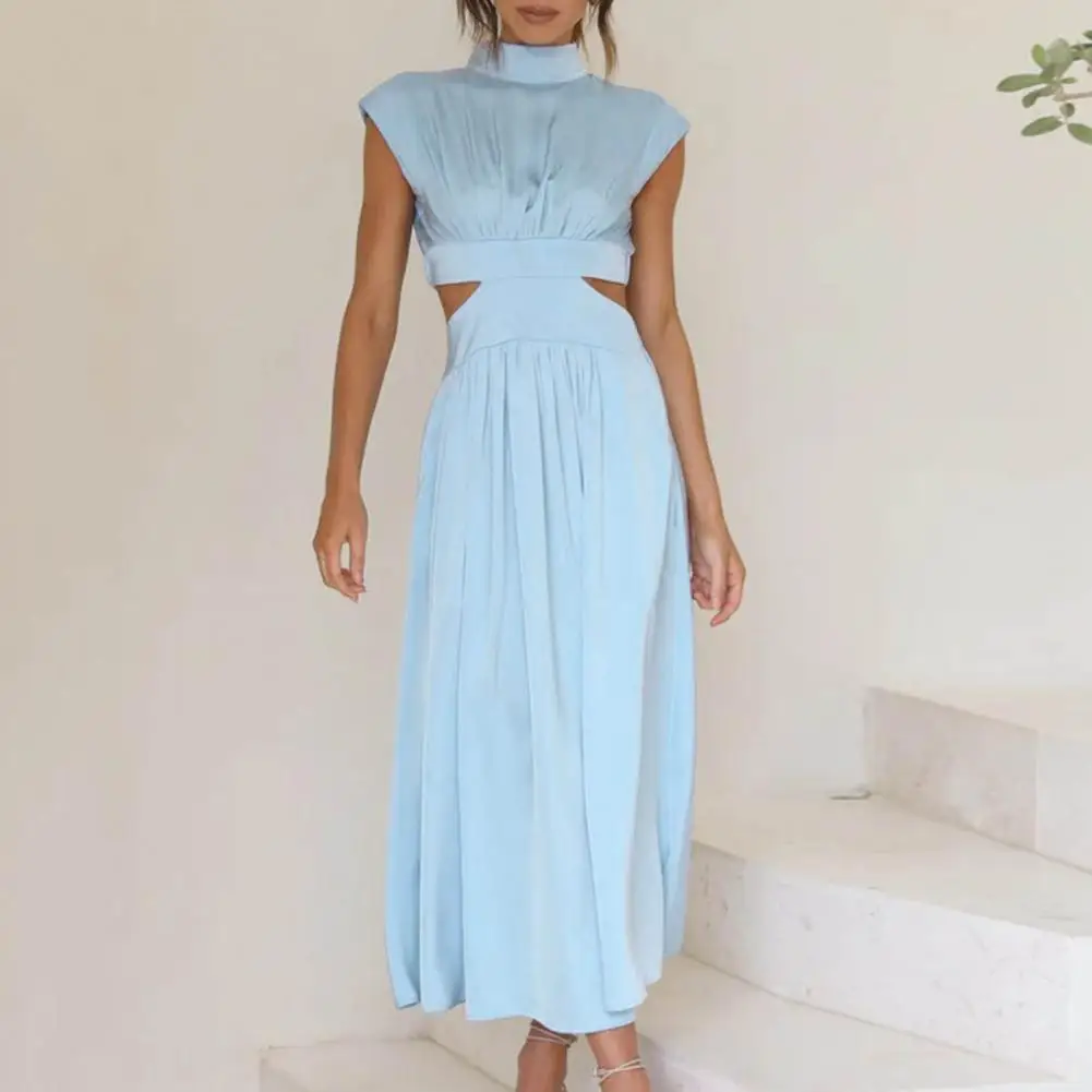 Lady Prom Dress Pleated Sleeveless Solid Color Stand Collar Hollow Out Dress-up Mid-calf Length Wedding Party Women Banquet Dres