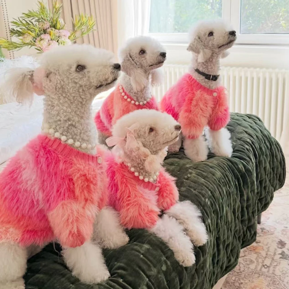 Роскошный розовый теплый свитер для маленьких собак Bedlington Terrier, зимнее пальто из норки с длинными рукавами и пуговицами для собак