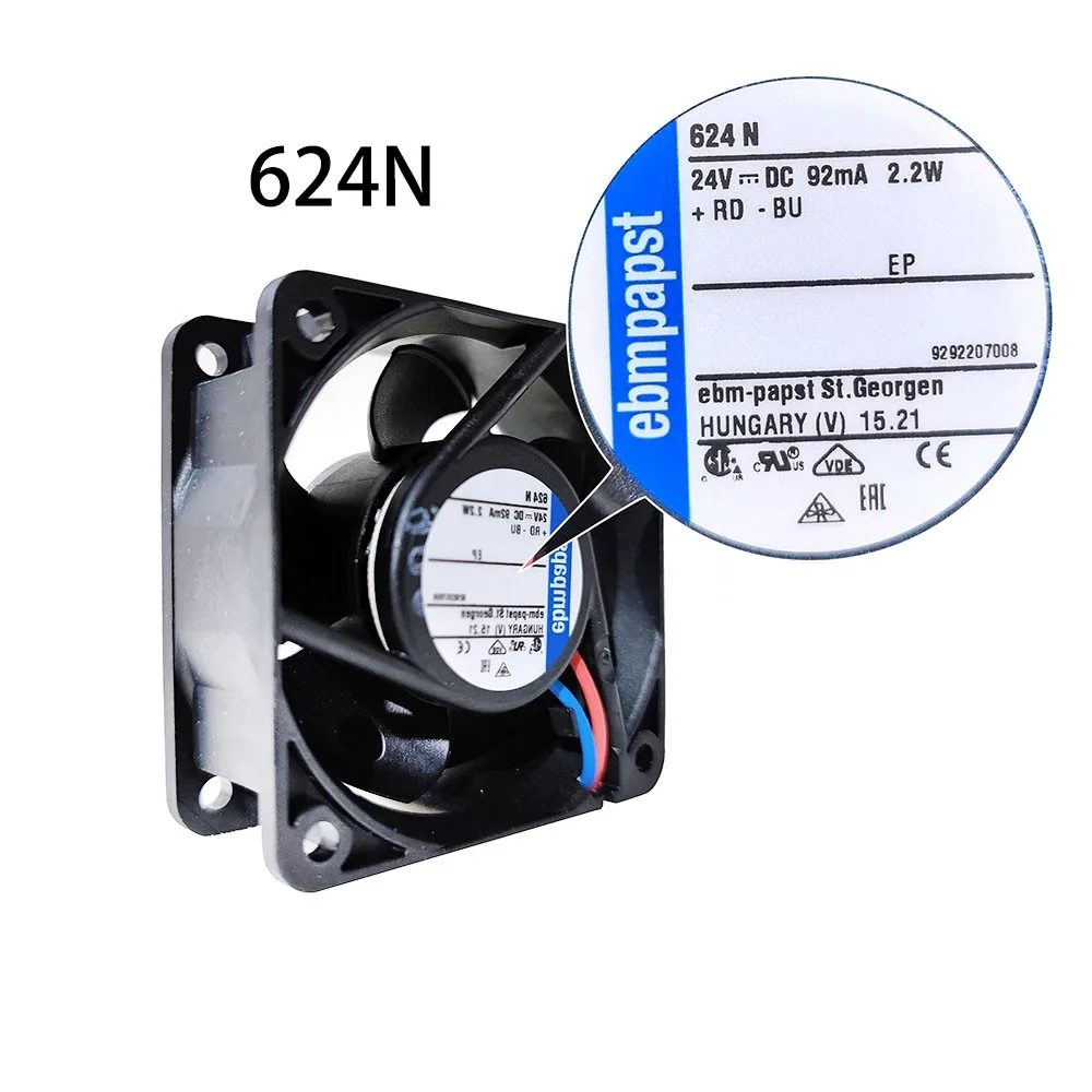 

Для нового 624N Ebmpaps DC 24 В 92 мА 2,2 Вт 60*60*25 мм 2-проводной электрический шкаф 6100 об/мин, вентилятор-