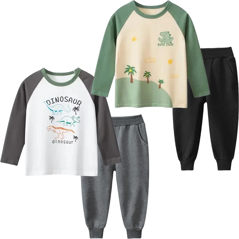 2025 Spring Autumn New Cartoon Print T-Shirt + Solid Trousers Boys Sets Children's Dinosaur Long Sleeve Cotton Top & Pants 2PCS