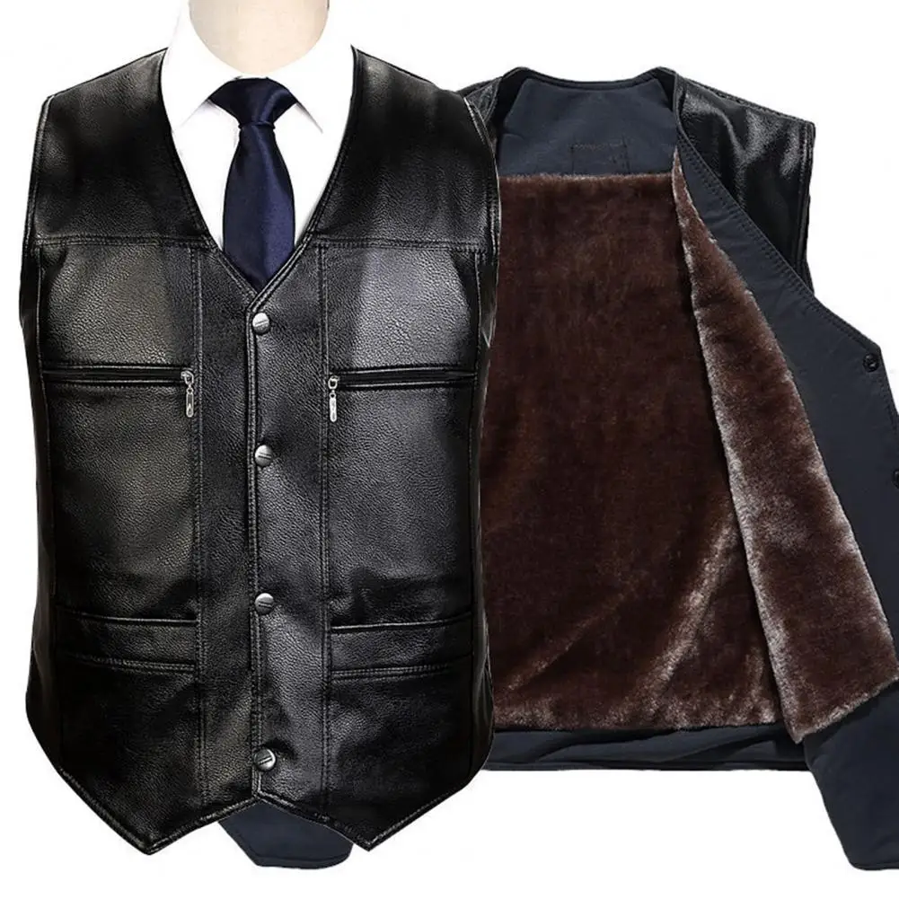 Men Faux Leather Vest Solid Color Mid-aged Mens Vest with Plush Lining V Neck Multi Pockets Single-breasted Sleeveless Waistcoat