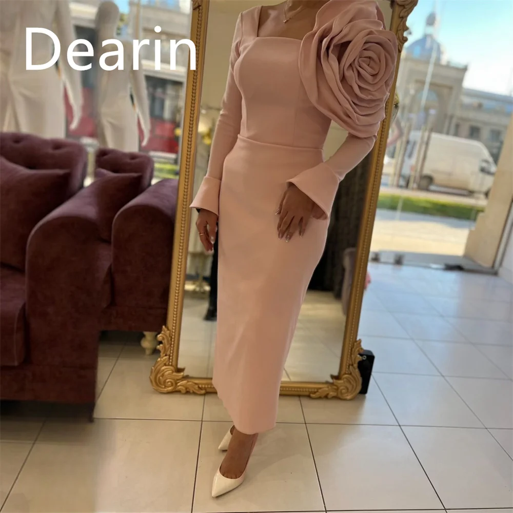 

Customized Evening Gown Formal Women Prom Dress Dearin Square Collar Column Ankle Length Skirts 3D Flower Bespoke Occasion