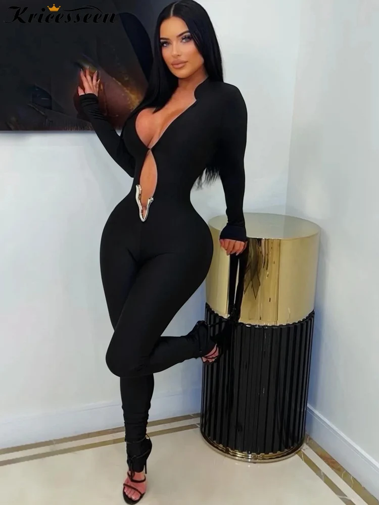 Kricesseen Sexy Hollow Out Long Sleeve Jumpsuits Women Solid Black Skinny One Piece Clubwear Birthday Party Outfits Rompers